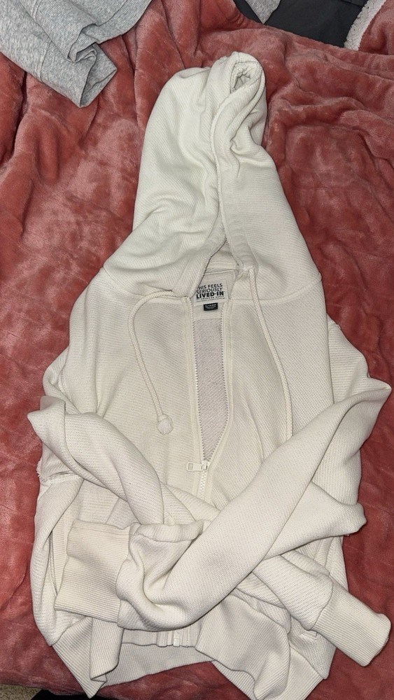 American Eagle Outfitters Women's White Full Zip Hoodie Seriously Lived-In XL