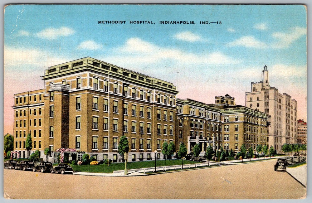 Vtg Linen Postcard Methodist Hospital Building Indianapolis, 1940s