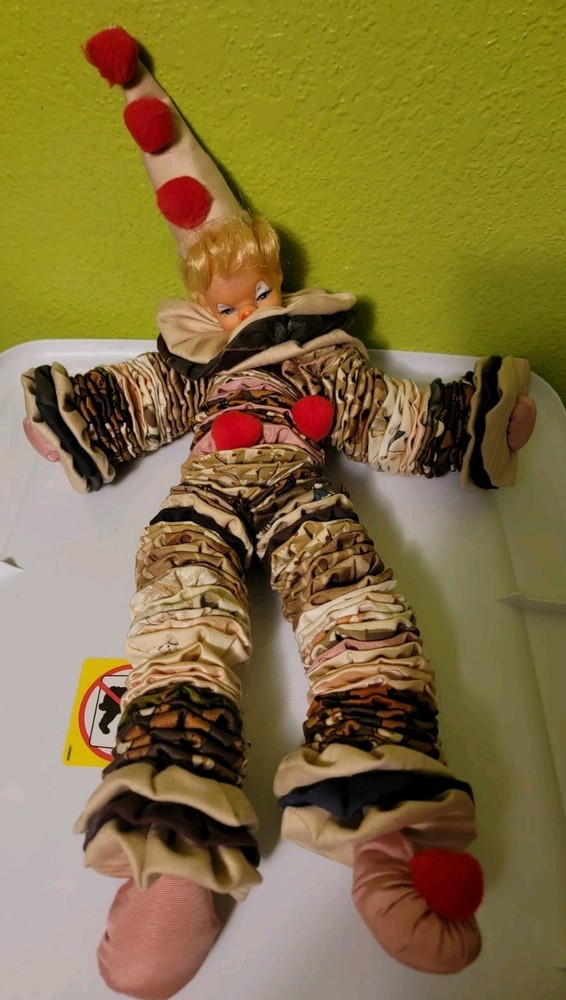 Vintage YoYo Jingle Bell Jack Doll Fabric Doll Plastic Painted Face Jester Clown