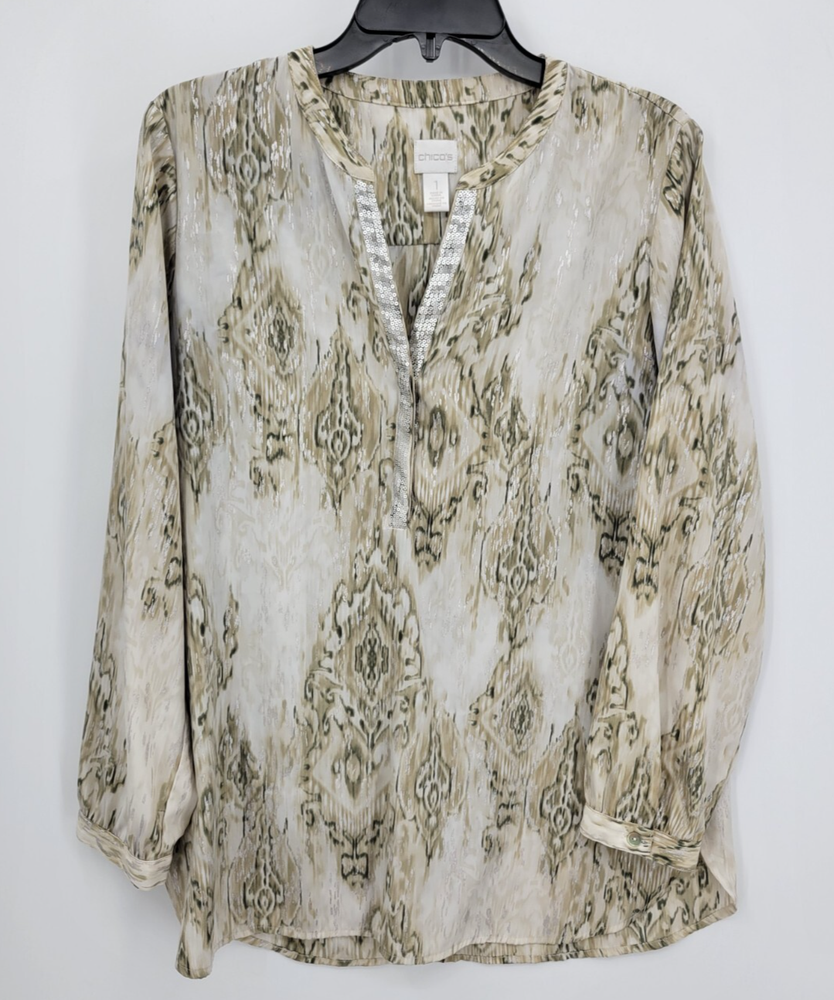 Chicos 1 Top Womens Medium Tan Animal Print Sequined Neck Boho Popover Blouse