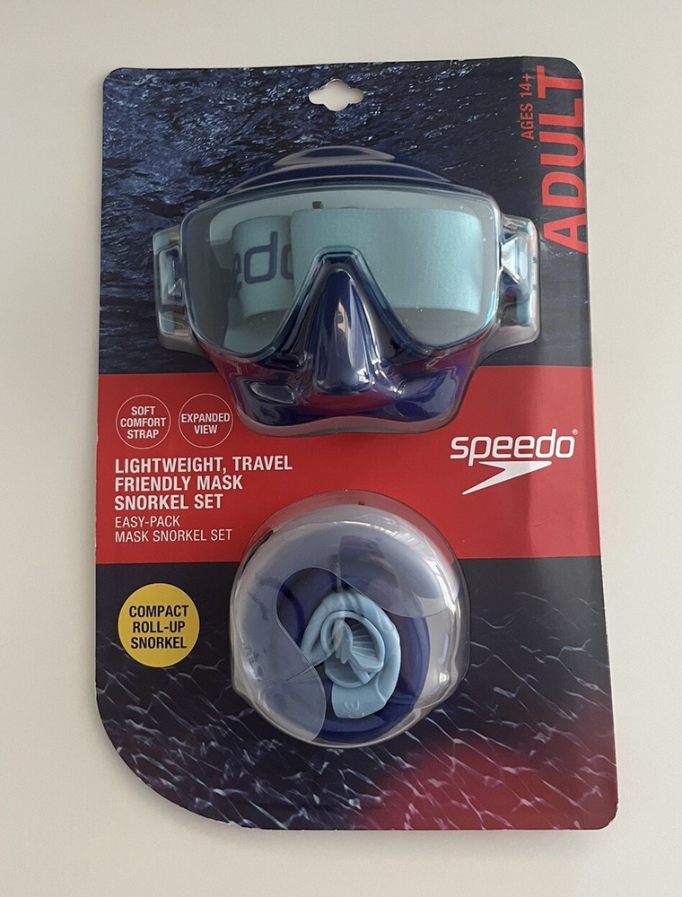 Speedo Adult Travel Snorkel Mask Set -Navy Ages 14+ NEW Vacation/Beach/Ocean