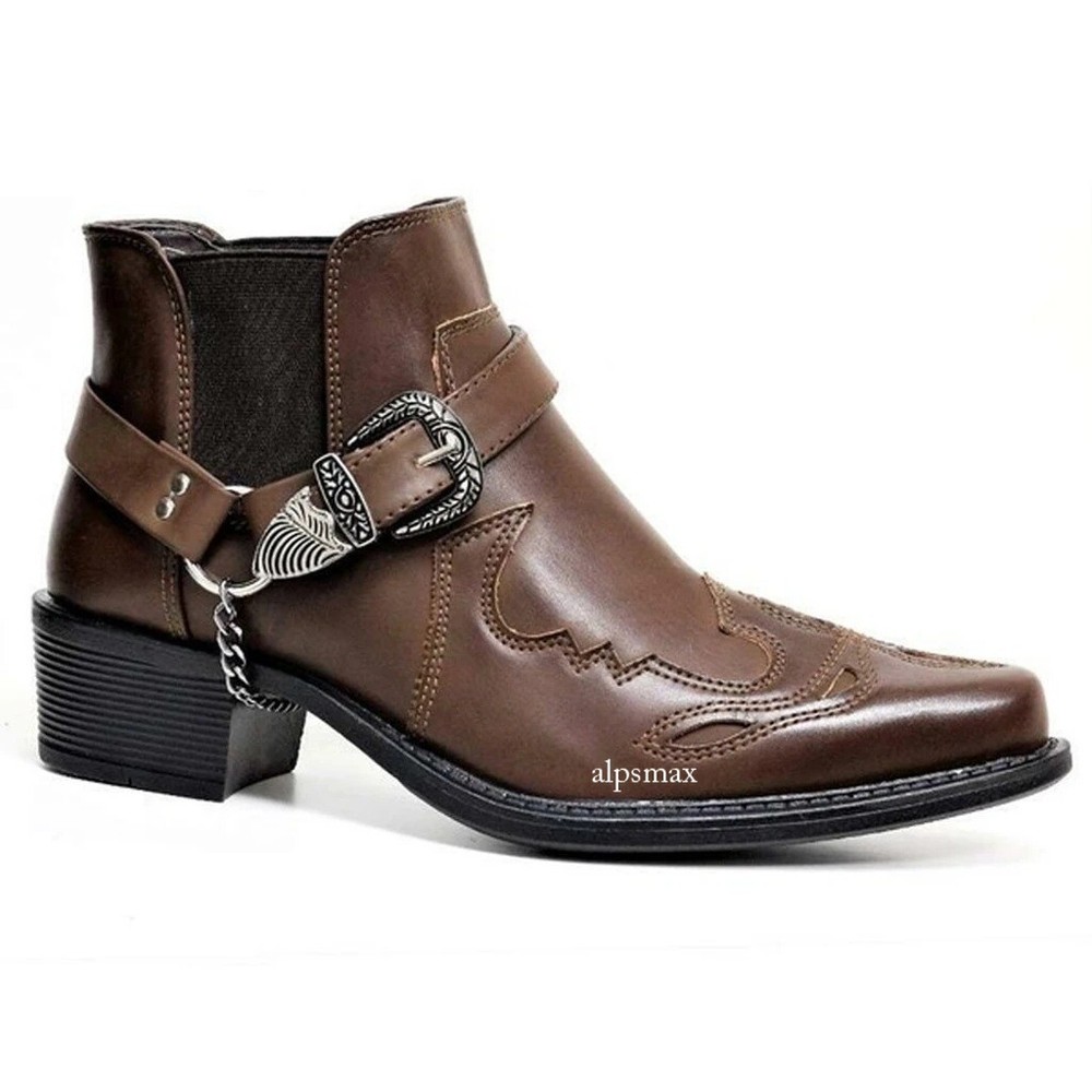 Men Pointed Toe Short Boots Buckle Strap Cuban Heels High Top Ankle Boots Shoes
