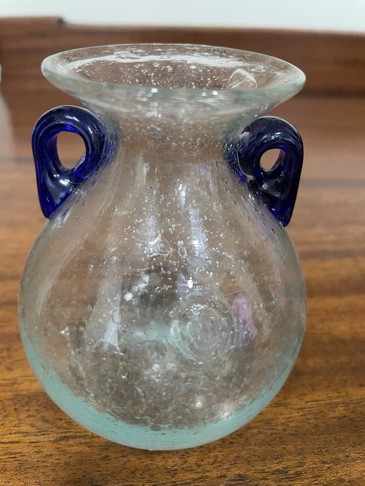 Hand Blown Glass Bud Vase Applied Blue Handles 4”
