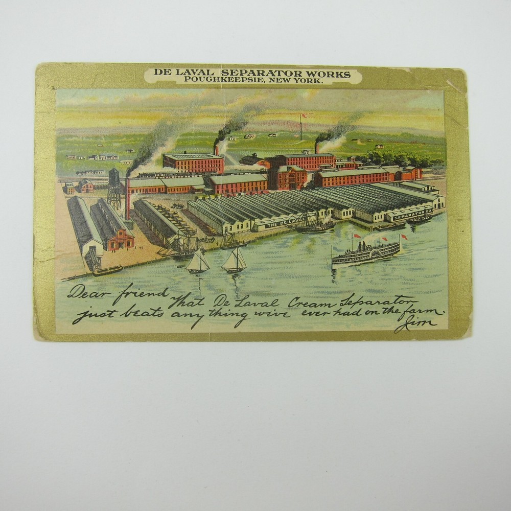 Postcard De Laval Separator Works Poughkeepsie New York Harbor Ships Antique