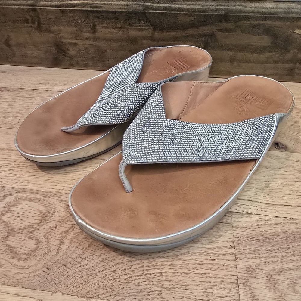 Fitflop Women's Lulu Glitz Silver Stones Beading Fashion Sandals Sz 8
