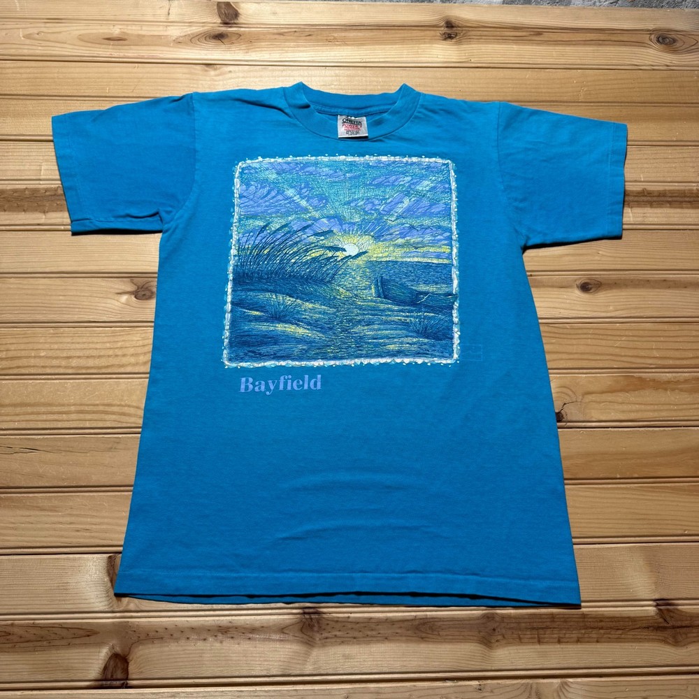 Vintage 90s Bayfield Wisconsin Beach Sunset Graphic Souvenir T-Shirt USA Medium