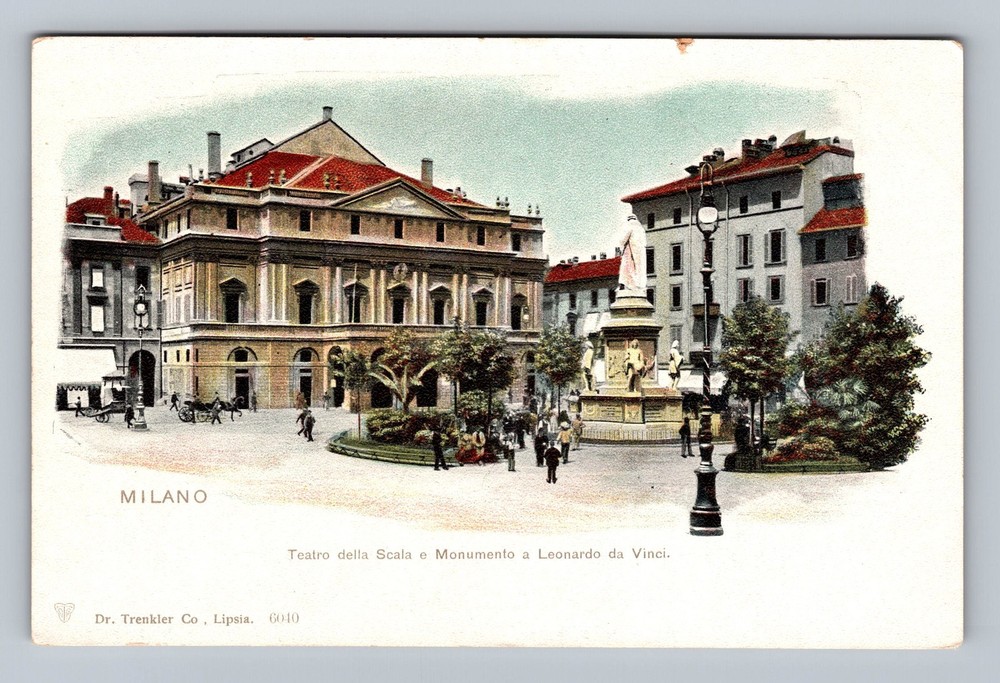 Italy- Milan La Scala Theatre Monument To Leonardo da Vinci PC Vintage Postcard