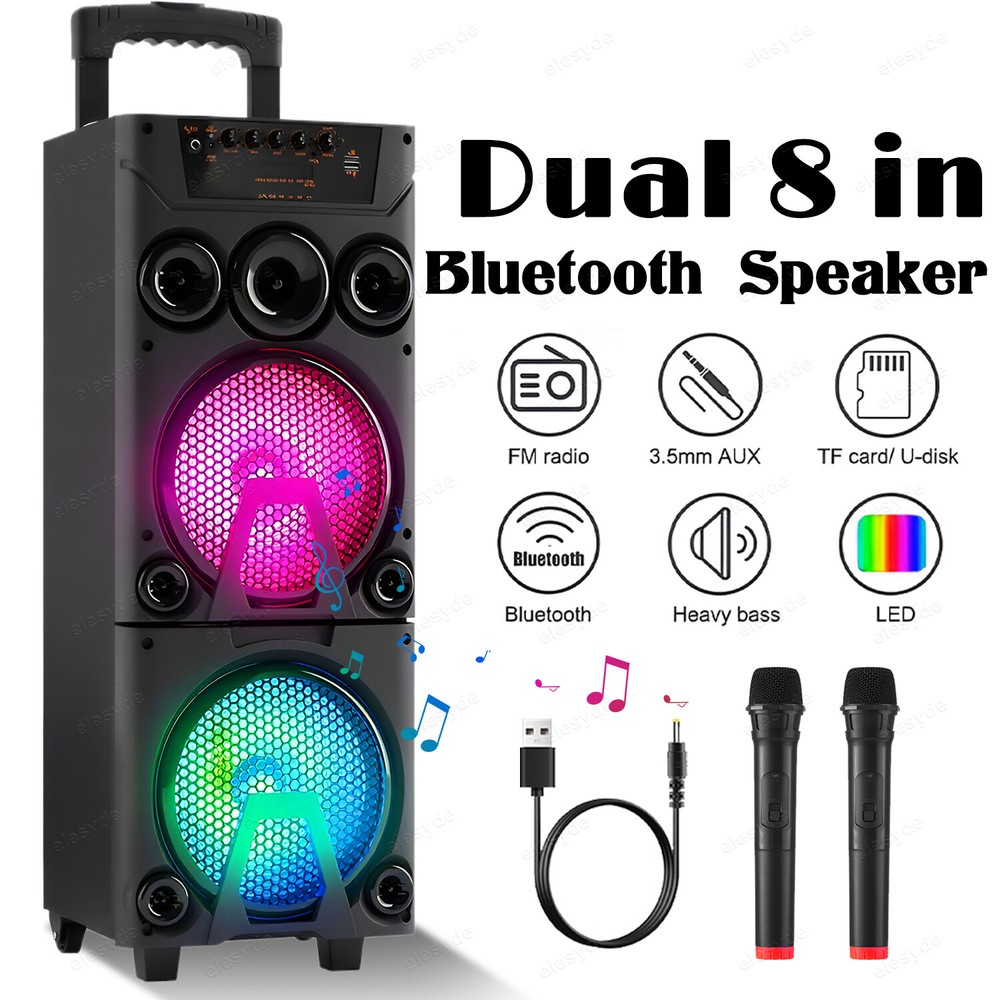 Portable Karaoke Speaker with 8-Inch Subwoofer 2 Wireless Mics LED Lights USB SD Support