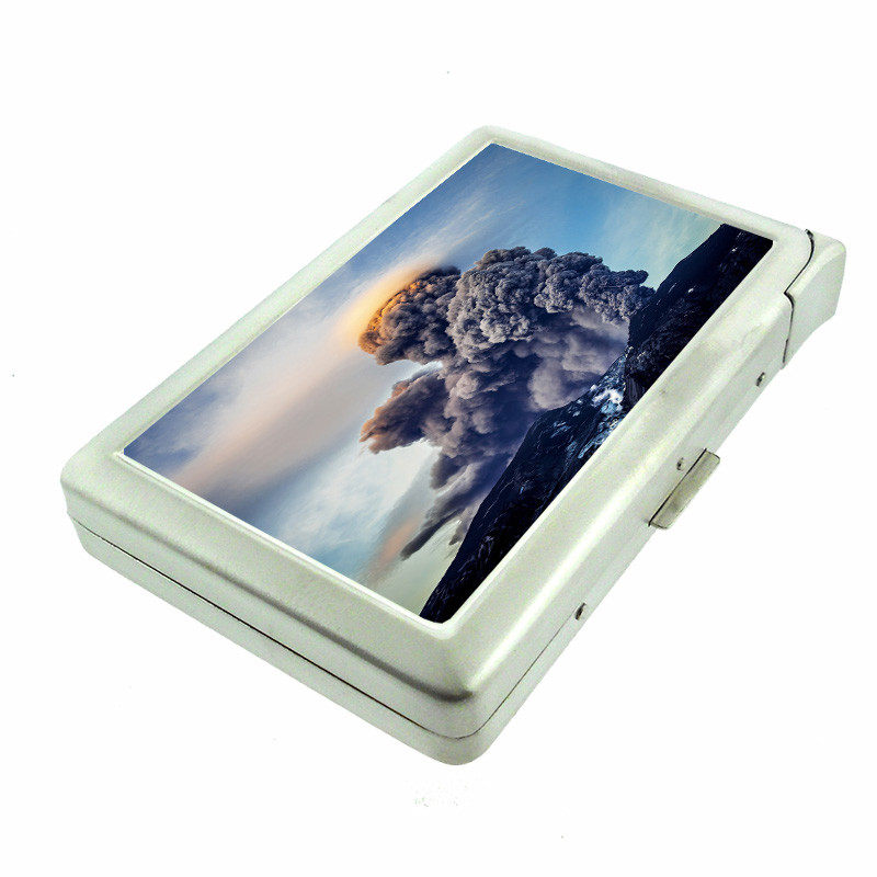 Metal Cigarette Case with Built-In Lighter - Volcanoes Lava D8 100s Size Holder