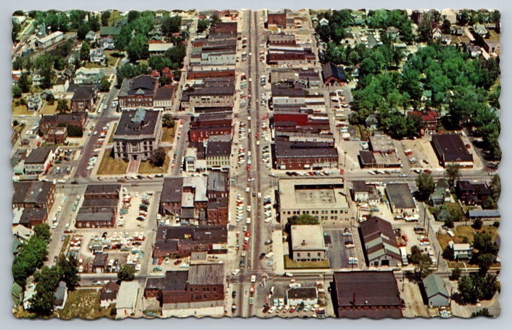 Portland Indiana Aerial Downtown City Street View Vintage Postcard