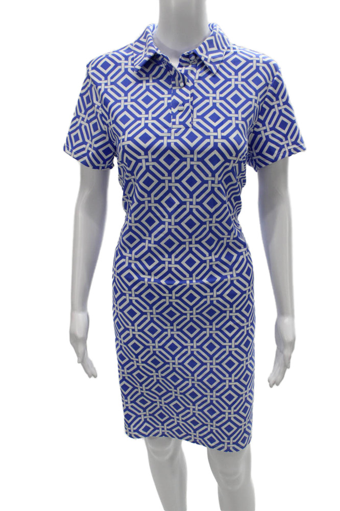 Jude Connally Women Shirt Dress Blue Geometric Collared Short Sleeve Size LFree Shipping in US $100+ Orders | $6.95 Orders Below