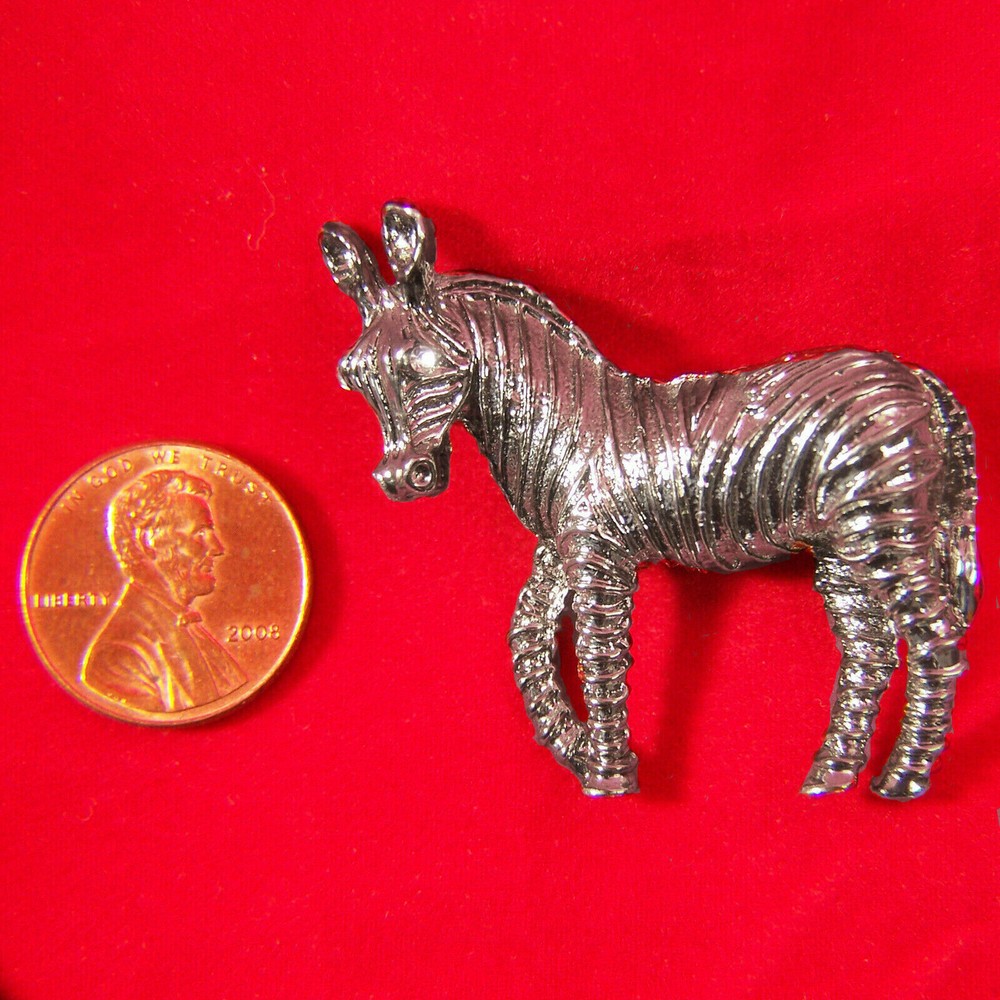 Vintage Zebra Safari Animal Pin Brooch Rhinestones Silvertone Metal