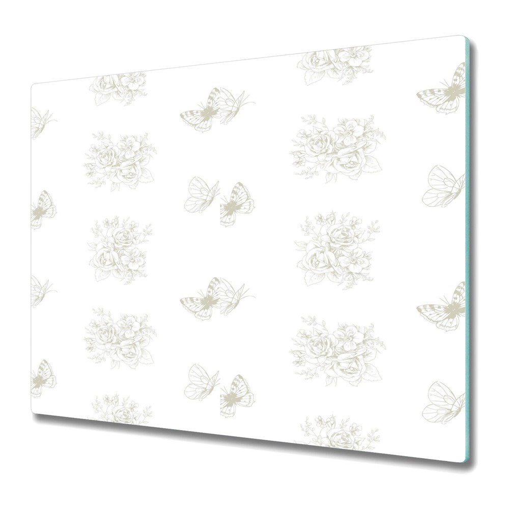 Glass Induction Ceramic Hob Cover floral motives & butterflies white golden