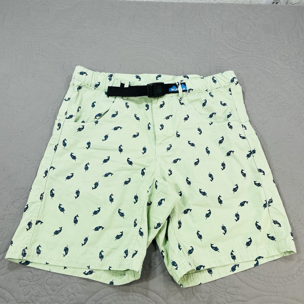 Kavu Chilli Lite Shorts Men's S Green Cotton Narwhal Belted Climbing Geometric