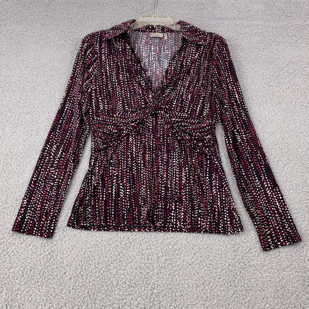 Nicki by Nicole Miller Womens Sz S Long Sleeve Stretch Knit Collared V-Neck Top