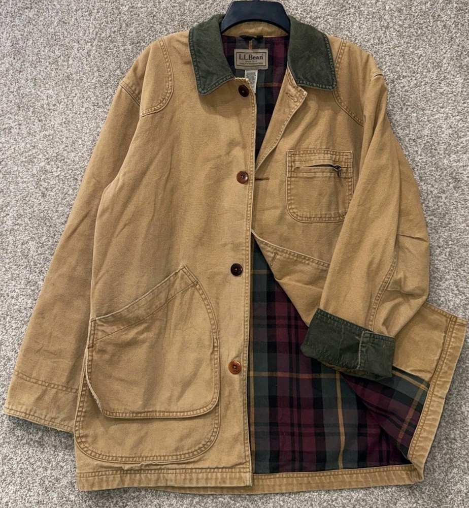 LL Bean Barn Chore Jacket Mens Size Medium Brown Canvas Plaid Cotton Lined