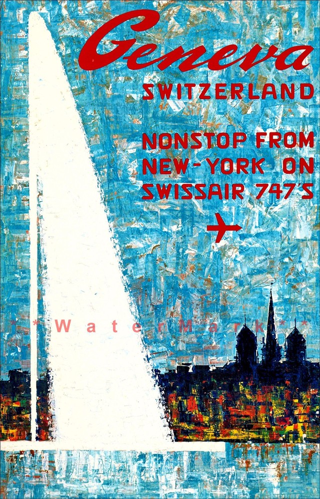 Geneva Switzerland 1970 Vintage Poster Print Art Swiss Airline 747S Travel