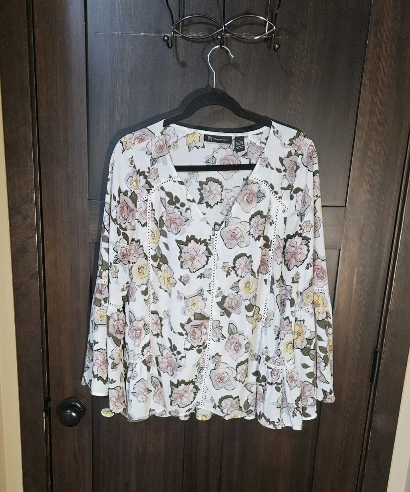 EUC Women's Plus INC Boho White Floral Bell Sleeve Blouse Tunic Top Size Large