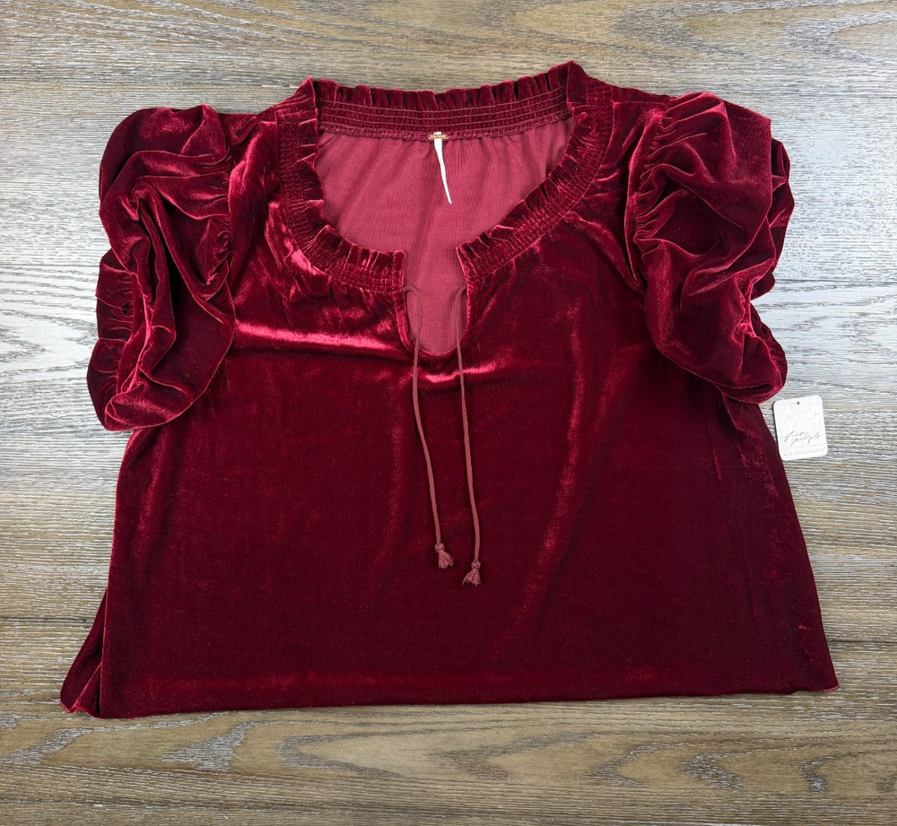 NWT Women’s Free People Red Velvet Blouse Puff Sleeve Boho Peasant Top Sz XL