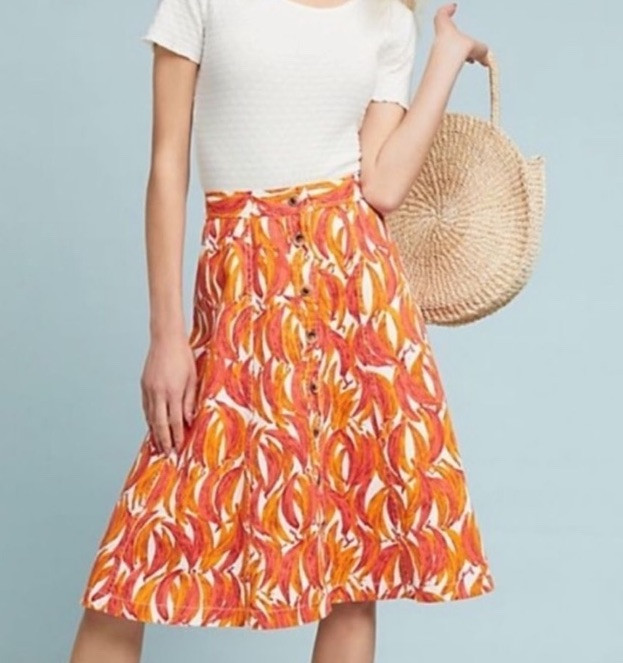 Maeve Anthropologie Womens Orange Banana Grove Midi Skirt Tropical Women’s 0