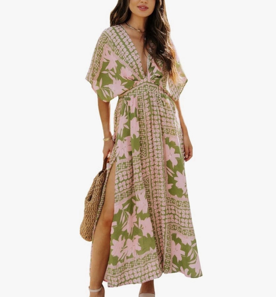 Spring & Summer Women's New Floral Print Boho Fashionable Printed Slit Dress SM
