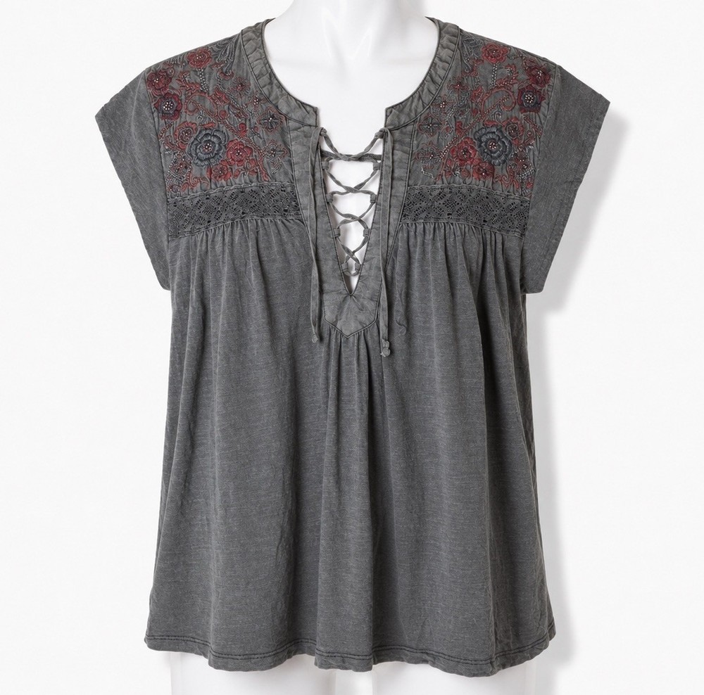 Lucky Brand Floral Embroidered Lace-Up Boho Peasant Top Charcoal Gray Size XS