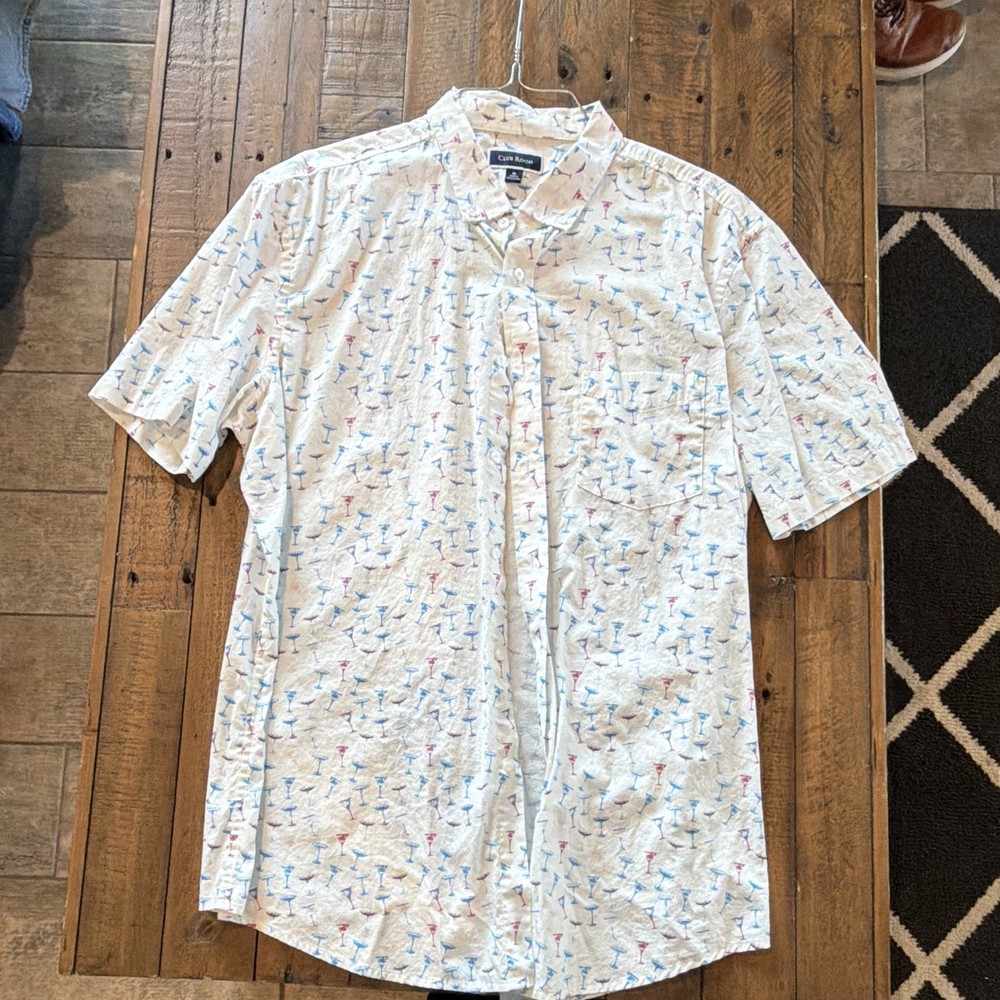 Club Room Men's White/Blue/Pink Graphic Print Woven SS Button-Up Pockets XL