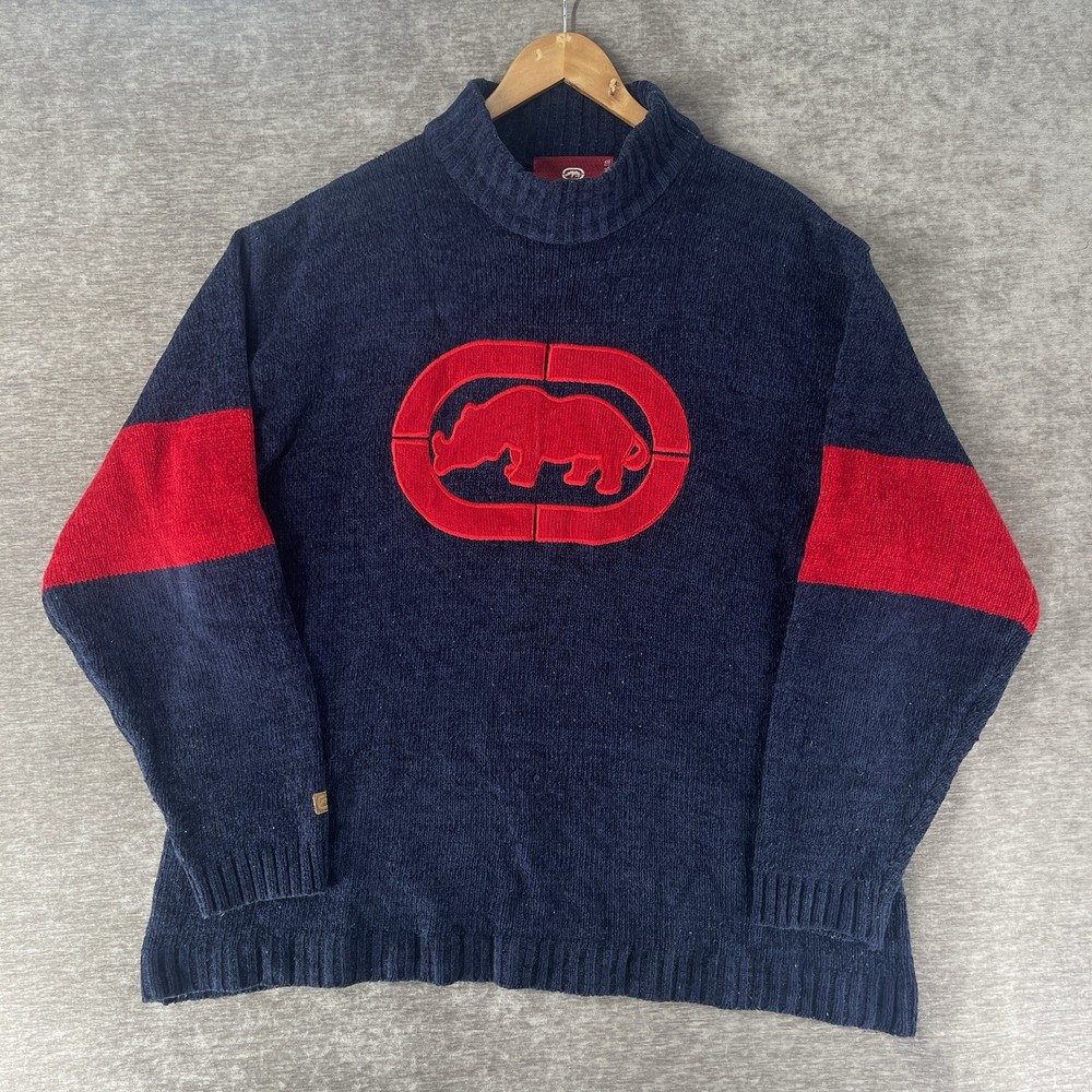 Vintage Y2K ECKO UNLTD Men’s Chunky Knit Sweater Turtleneck Size XL Blue Logo