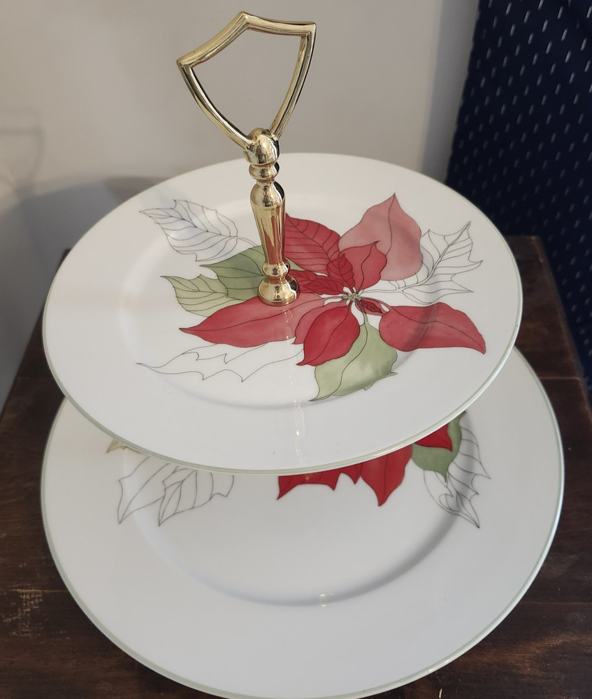 Poinsettia By Mary Lou Goertzen Block Spal Watercolors 2 Tier Serving Tray w box