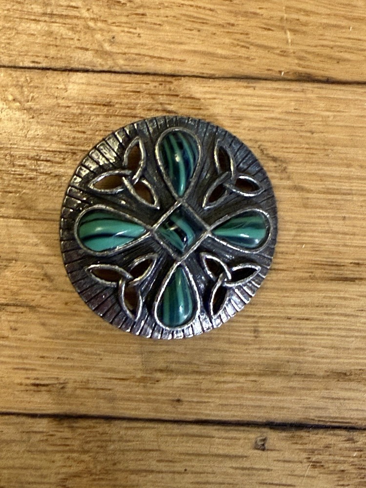 Vintage Miracle Agate Faux Turquoise Celtic Pewter Brooch Pendant Round Signed