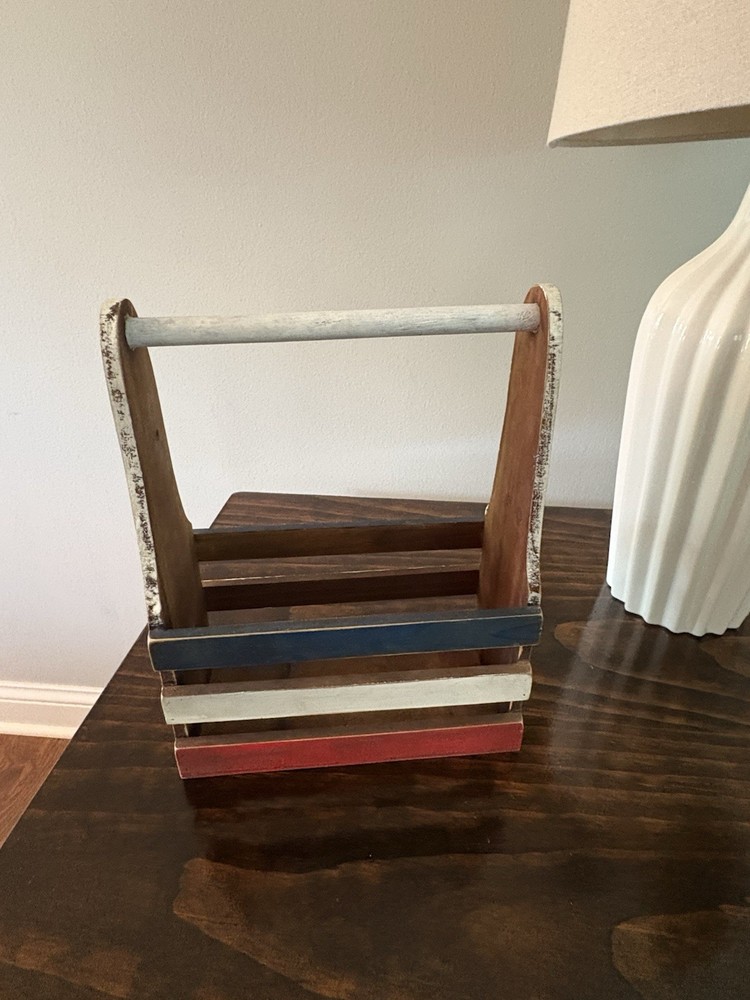 Patriotic Red White And Blue Wooden Bin Basket Container With Handle Rustic Look