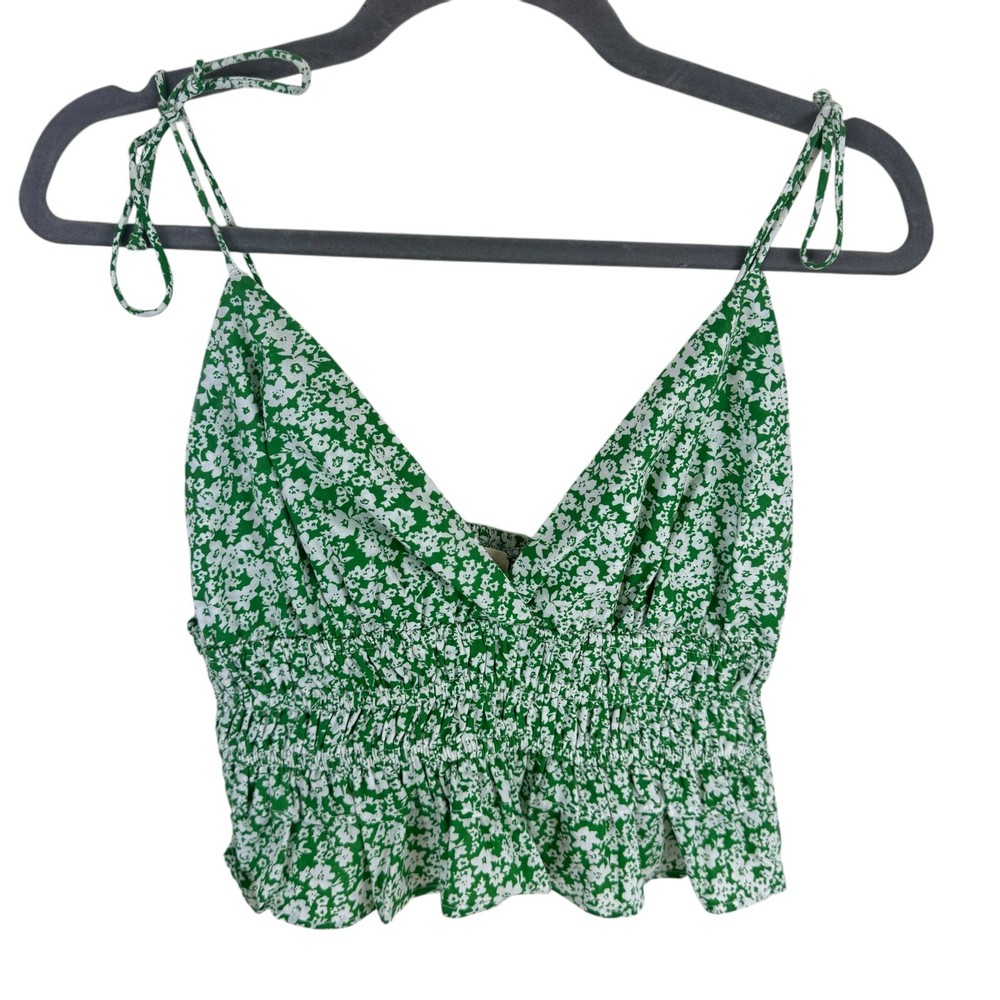Sim & Sam Green White Floral 100% Cotton Spaghetti Strap Cropped Top Size M