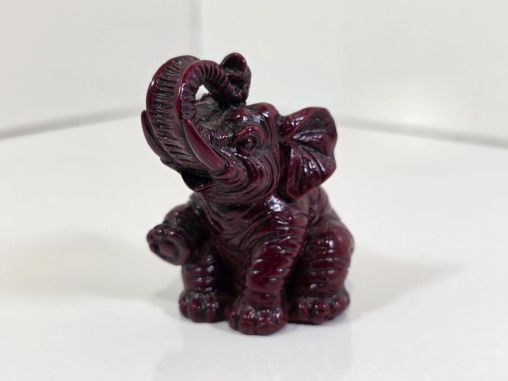 Red Resin Miniature Trunk Up Seated Lucky Elephant Miniature Figurine 2