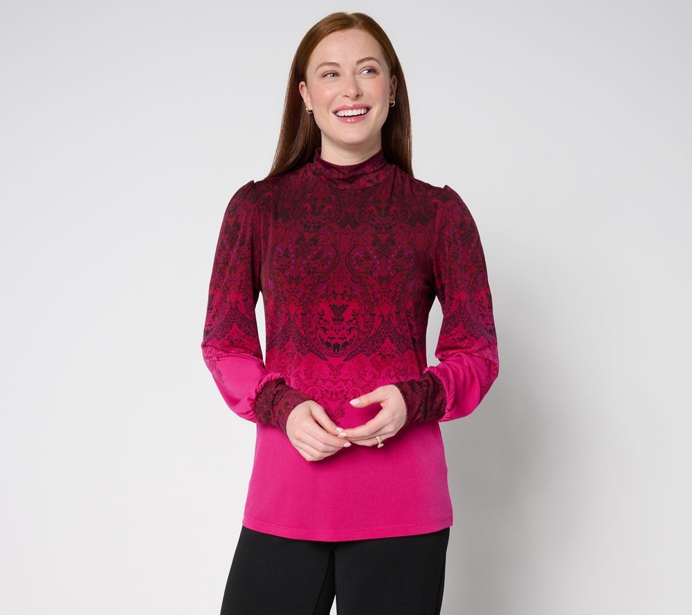 Susan Graver Women's Top Sz L Printed Liquid Knit Mock Neck Multi-colored