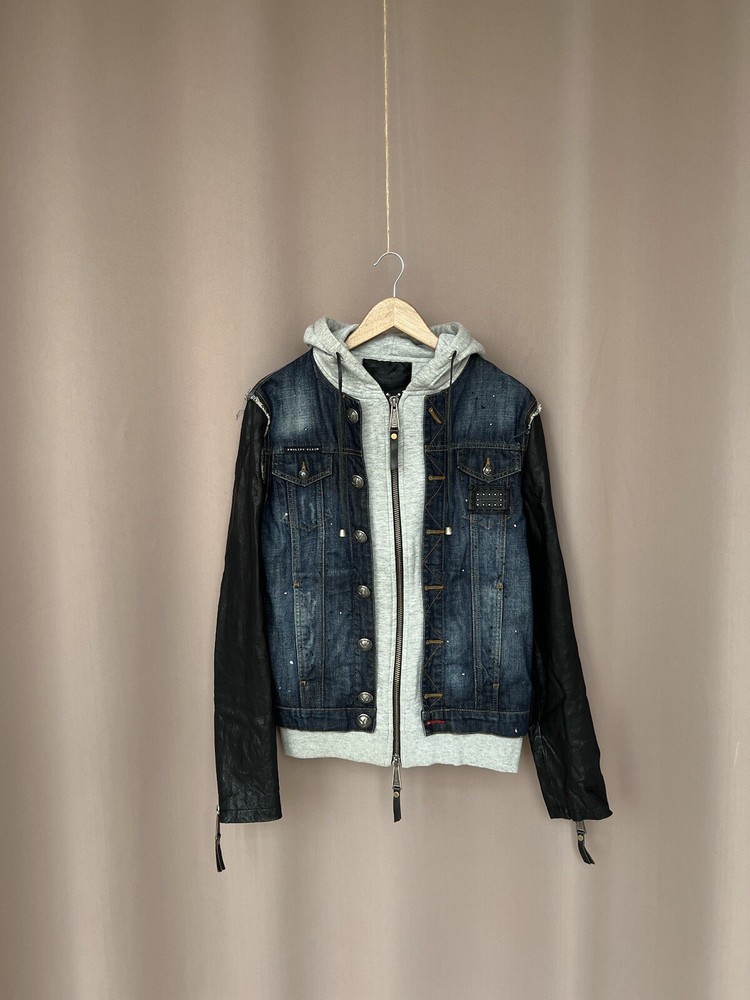 Philipp Plein Denim Hooded Blue Jacket Mens Size M Black Leather Sleeves