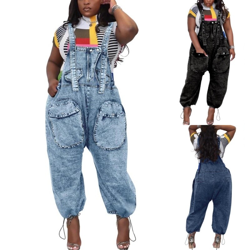 Women's High Waisted Bib Denim Overalls Jumpsuit Loose Wide Leg Snowflake Jeans