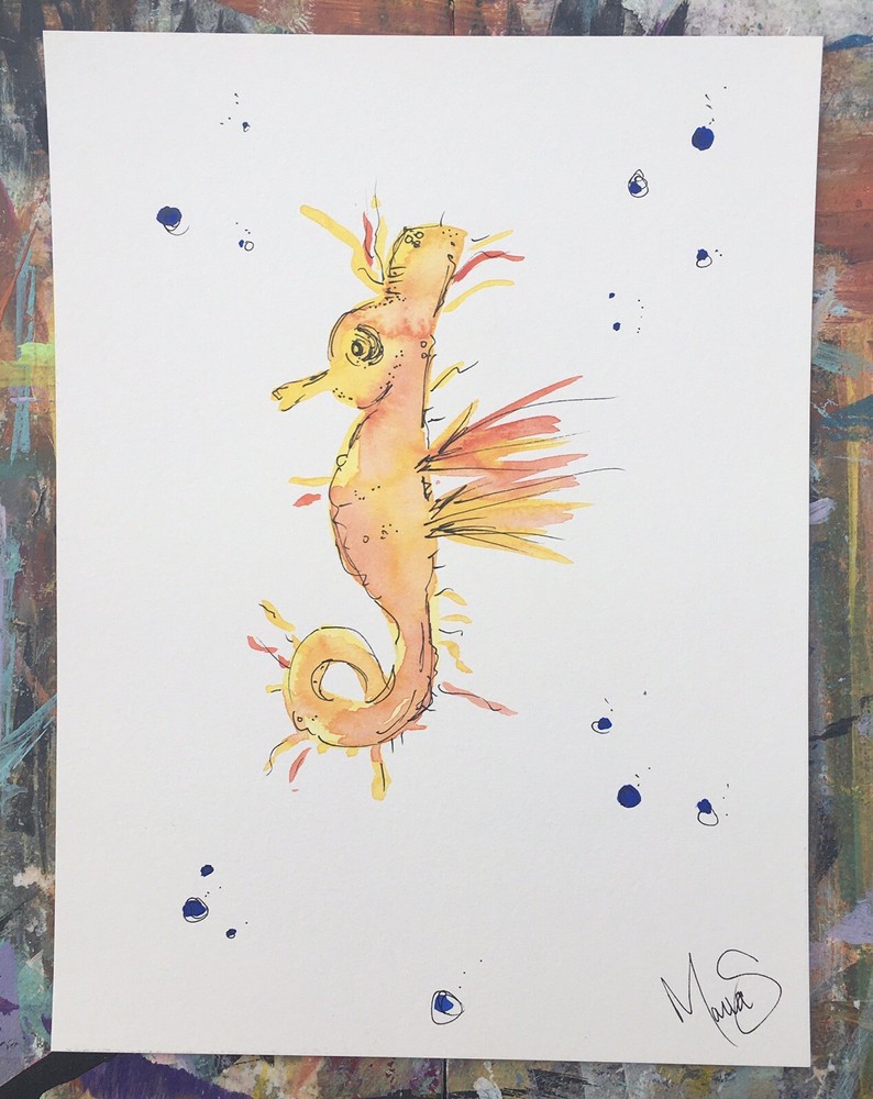 Maria Scalf Seahorse Ocean Sea Beach House Minimalism 9x12 ORIGINAL PAINTING