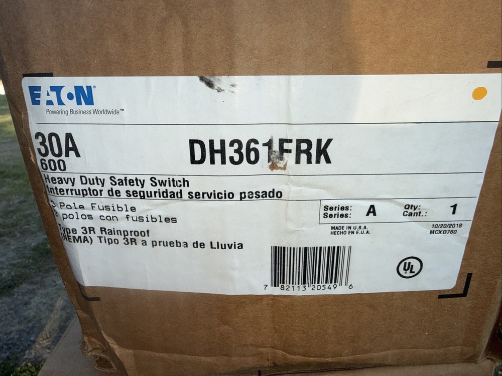NEW Eaton DH361FRK 30 Amp 600V Fusible 3 pole NEMA 3R Outdoor Disconnect