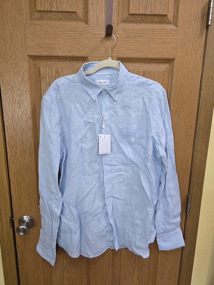 Porter & Ash Shirt Mens Large Blue 100% Linen Button Down Long Sleeve Casual