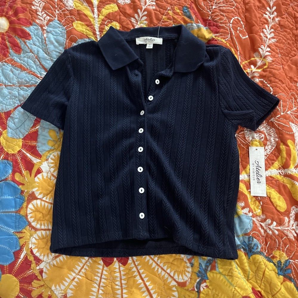 Atelier Women’s Blue Solid Collared Knit Polo Short Sleeve Button Front S