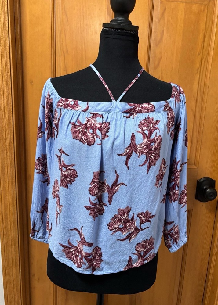 Aeropostale Women's Burgandy Floral Blue Shoulder Blouse Size Medium