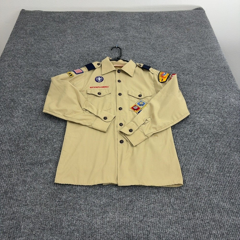 Vintage Boy Scouts of America Shirt Youth L Tan Poly Cotton Patches Uniform