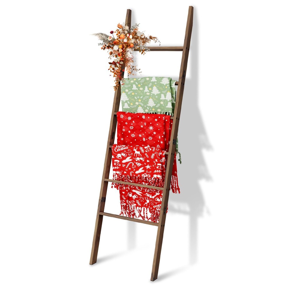 Acacia Wood 6-Tier Blanket Ladder, 5.7FT(66.5'') Blanket Quilt Towel Holder R...-image