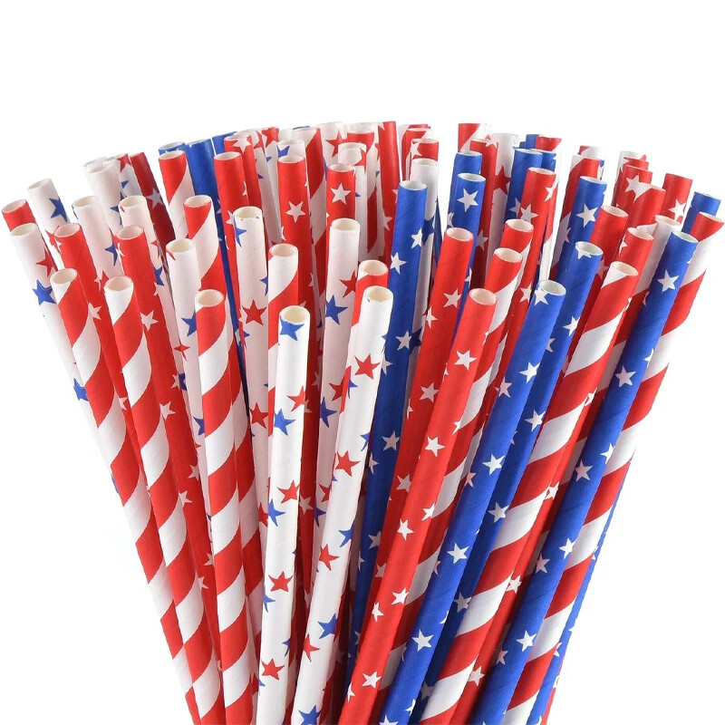 100pc American Flag Red Blue White Paper Straws Stripe/Star Biodegradable Straws