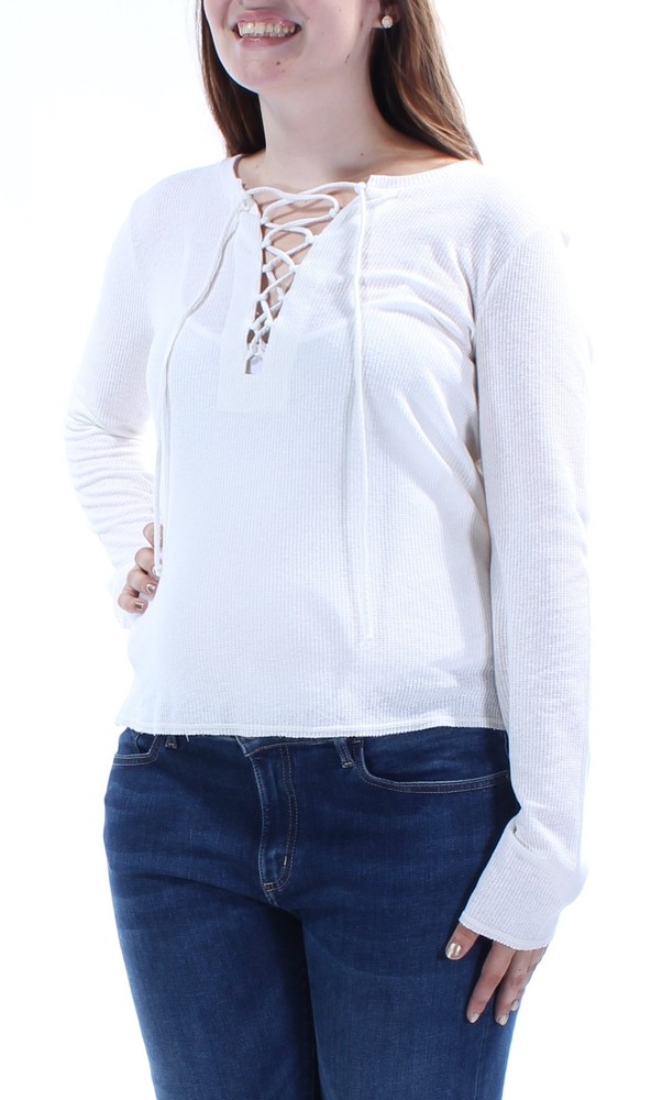 CHELSEA SKY Womens Ivory Tie Textured V Neck Long Sleeve Top L