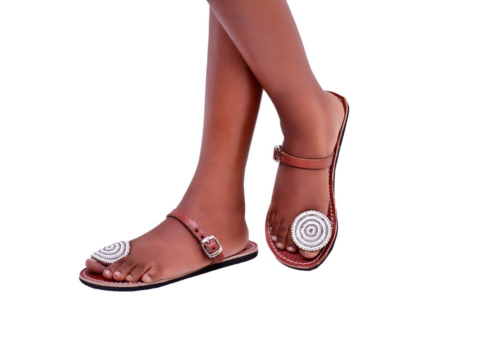 Beaded Women African Slippers Sandals Bohemian Summer Leather Masai Kenyan White