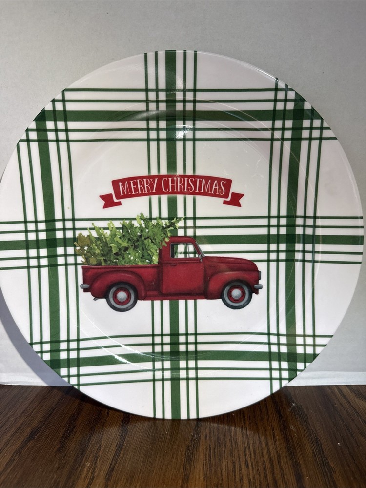 Christmas Theme Melamine Dinner Plate Round 11” Red Truck Christmas Tree