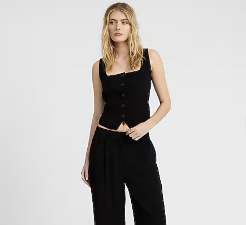 Express Linen Blend Sleeveless Square Neck Button Top Black Size L