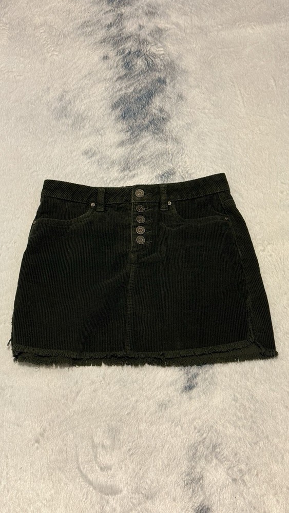 Indigo Rein Dark Khaki Brown Green Corduroy Skirt Raw Hem Button Fly Size 26