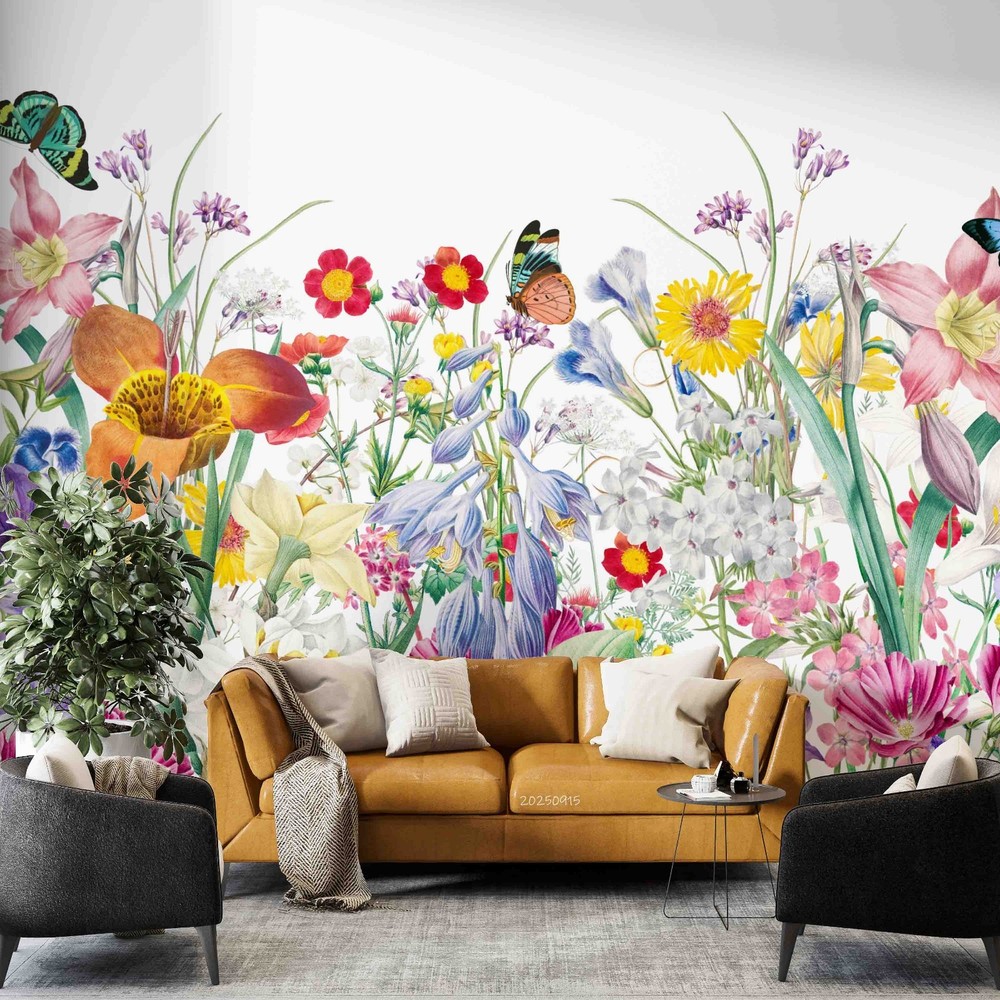 3D Flowers Butterfly Watercolor Wall Murals Wallpaper Murals Wall Sticker 2